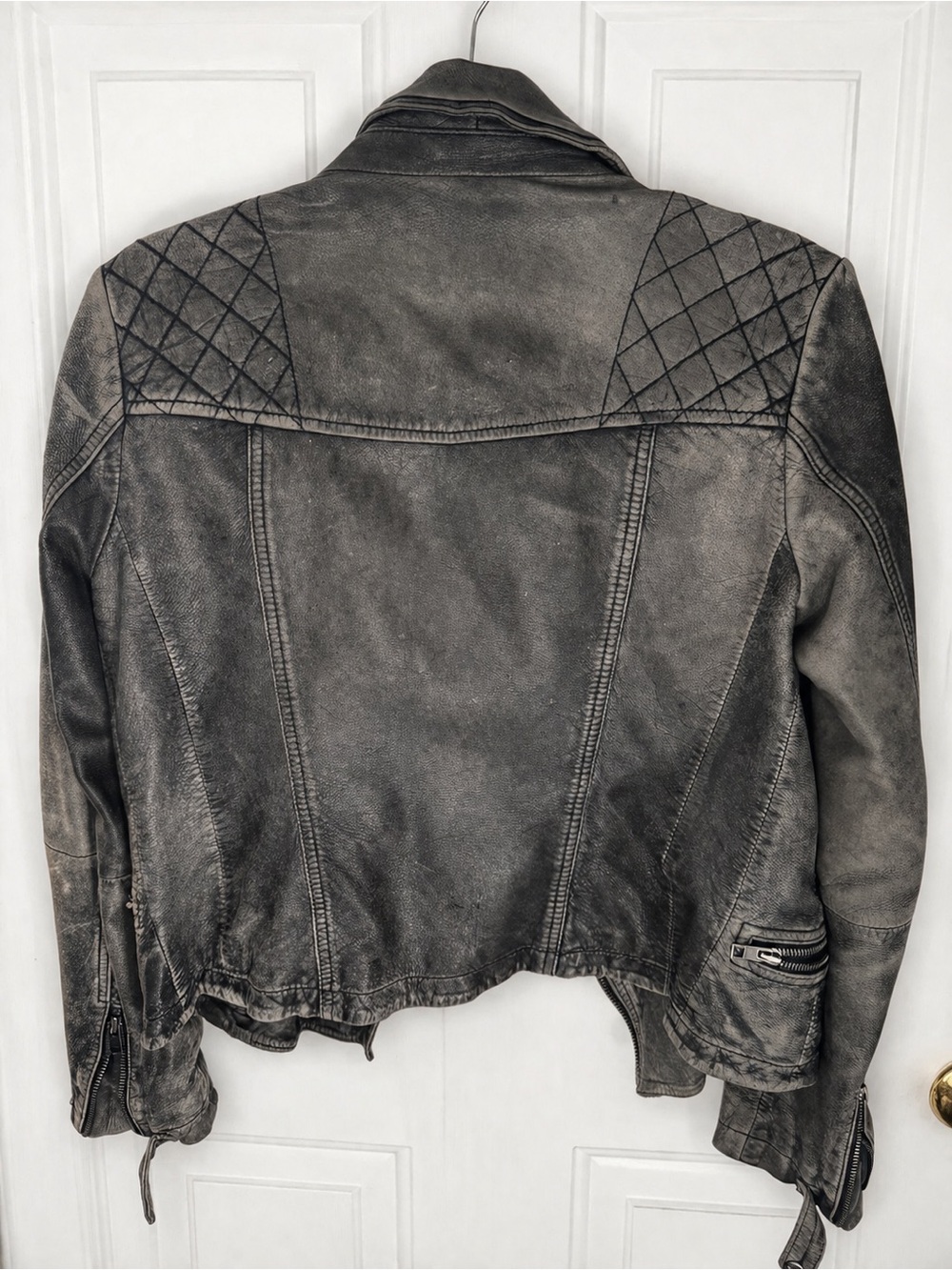 AllSaints Distressed Grey Quilted Leather Biker Jacket- Cargo Moto - Picture 4 of 6
